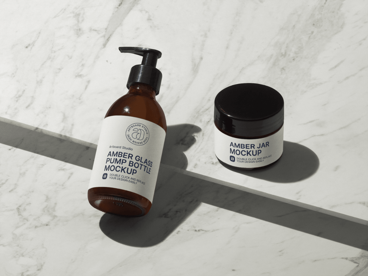 You can also adjust the colors, shadows, effects … Amber Glass Pump Bottle And Amber Cream Jar Cosmetic Mockup Template