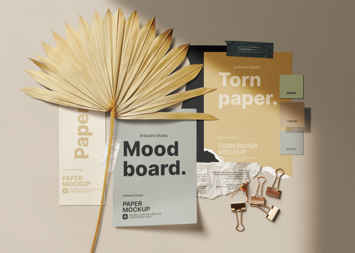 High quality premium images, psd mockups . Mood Board Paper Color Palette With Dried Palm Branch Mockup Template