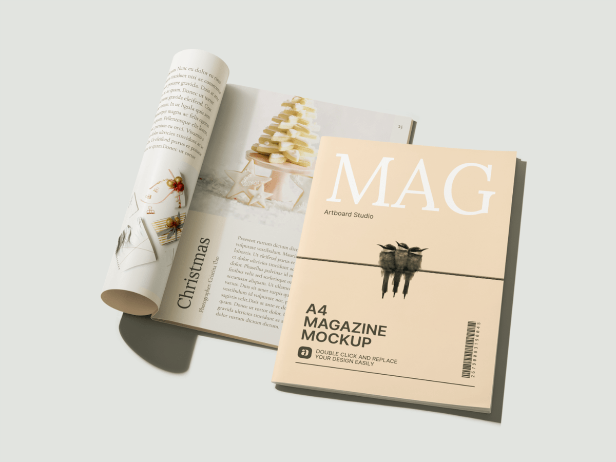 A4 magazine cover mockup top angle view. Perspective A4 Magazines Mockup Scene