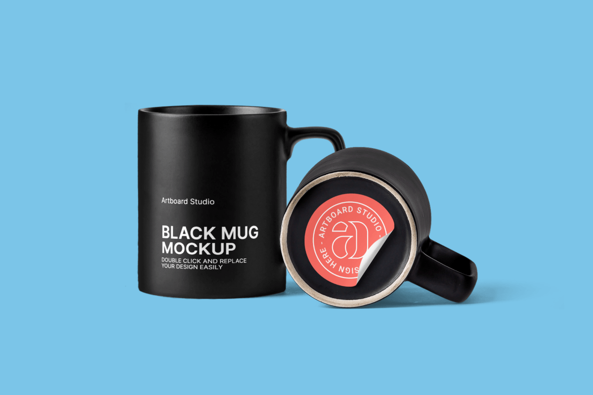 Advanced, easy to edit mockup. Black Coffee Mug Mockup Scene