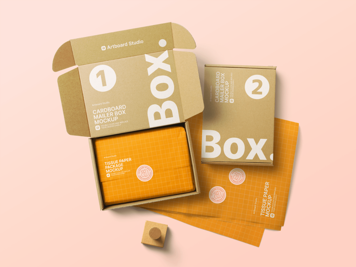 Paper & books · packaging . Cardboard Mailer Box With Tissue Paper Mockup Template