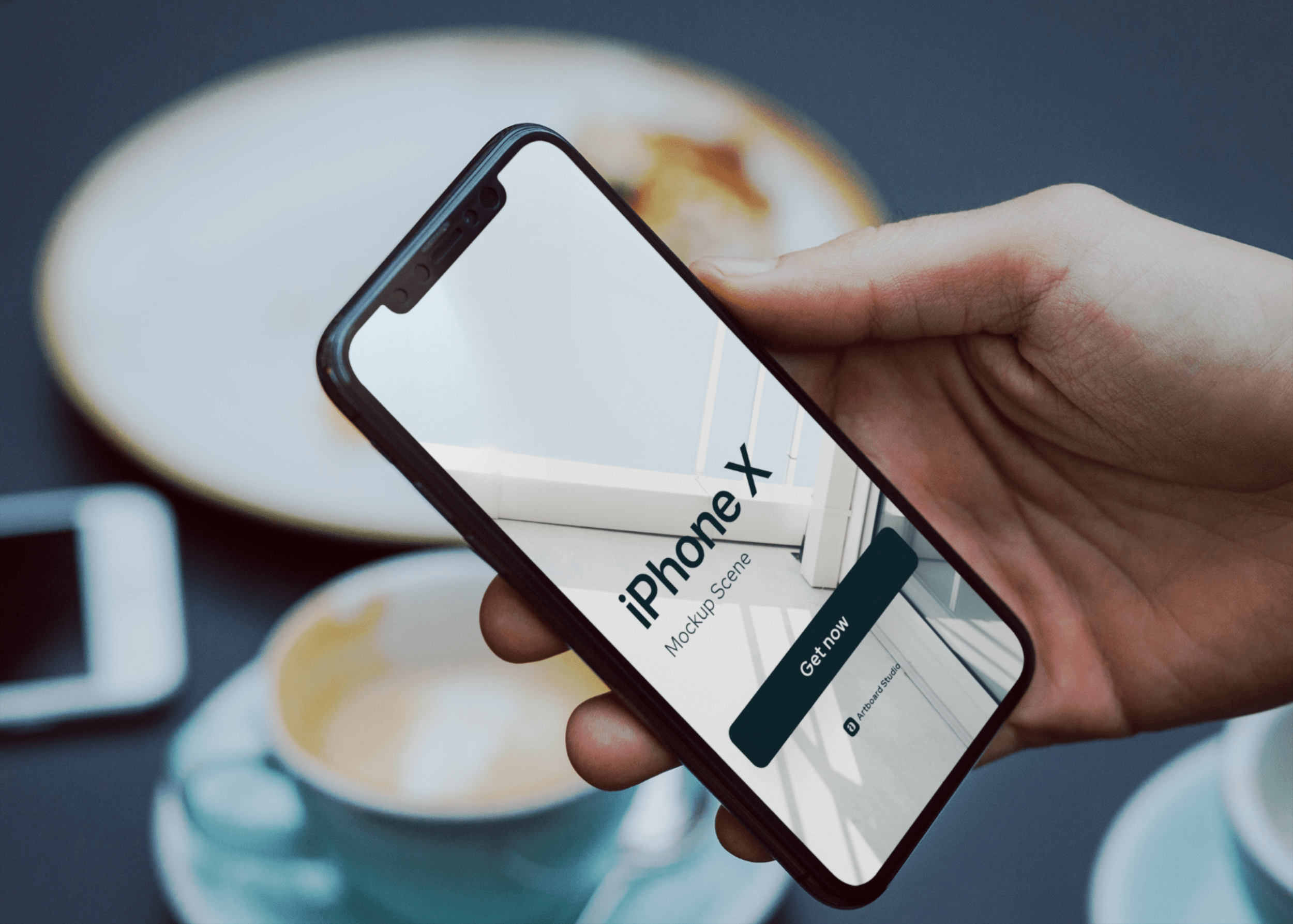Layered psd (transparent background), dimensions: Hand Holding Iphone X Mockup Scene